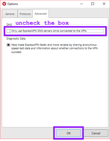 uncheck the box for expressvpn's dns servers