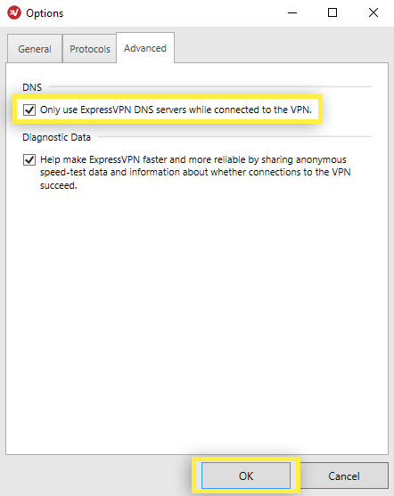 screenshot to uncheck the box for "only use ExpressVPN's DNS servers"