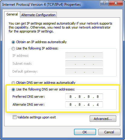 screenshot: use the following dns server addresses