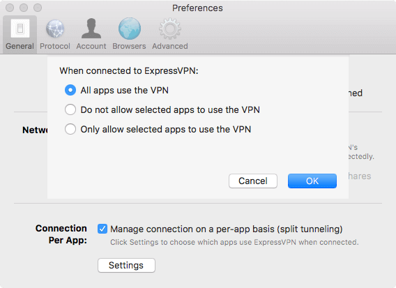 VPN split tunneling settings