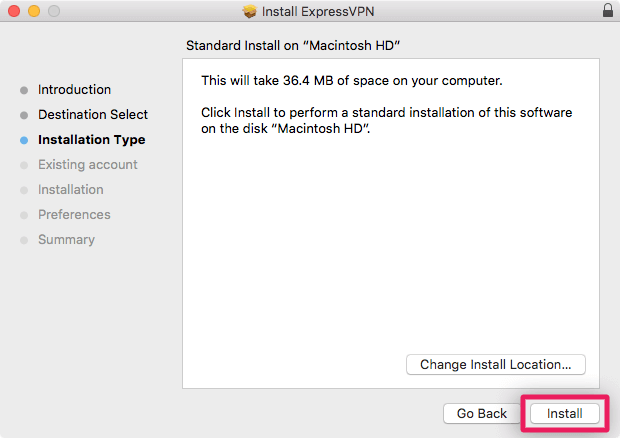 screenshot of standard install