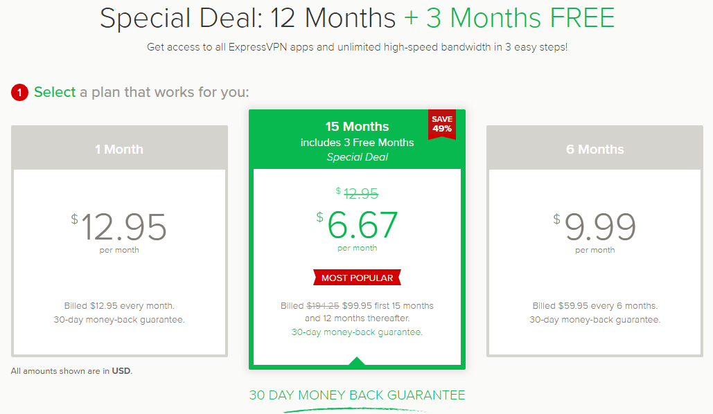 ExpressVPN的价格，可按月、半年、年付款，按年付款赠送三个月