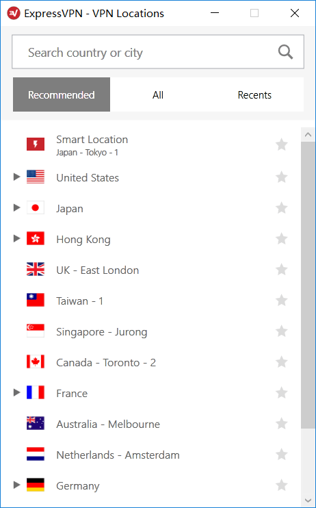 ExpressVPN登陆Windows客户端后选择机房