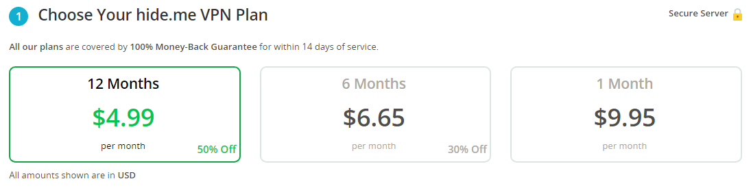 HideMe VPN的PLUS方案的三种付费周期