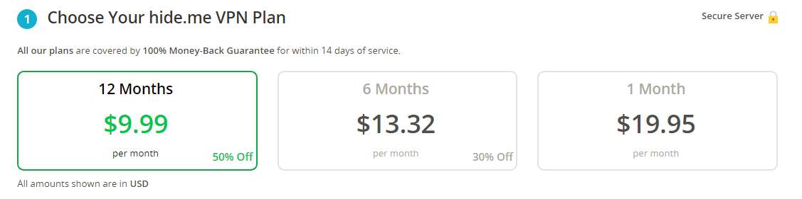 HideMe VPN的PREPIUM方案的三种付费周期